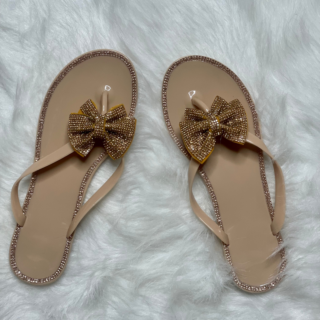 Flat Bling Bow Sandal- Tan