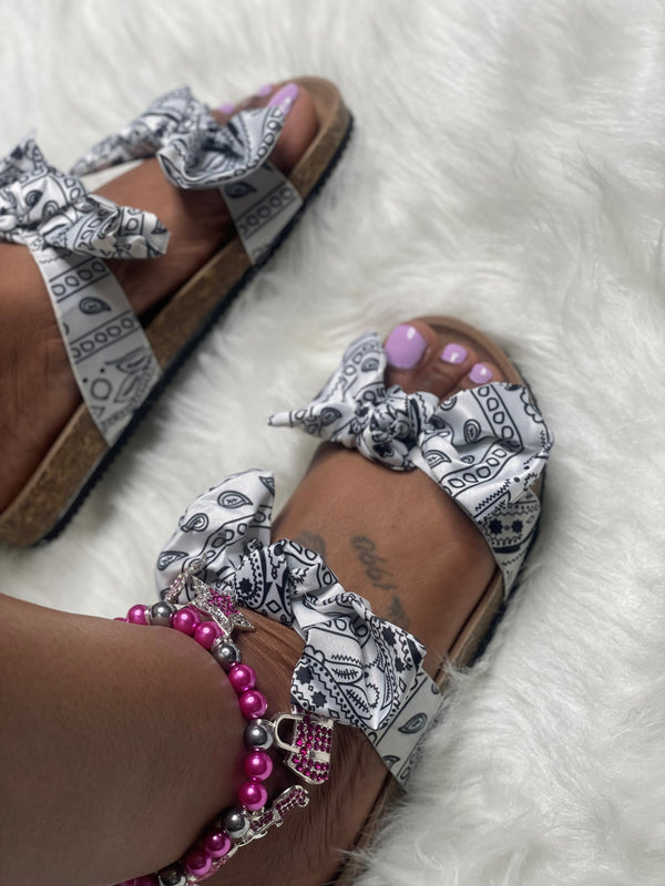 Double Bow Sandal- White Bandana Print